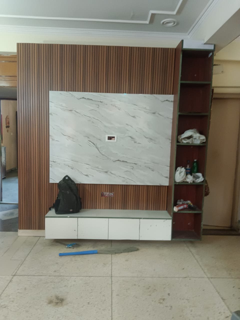 Teak Louver Marble Tv Unit