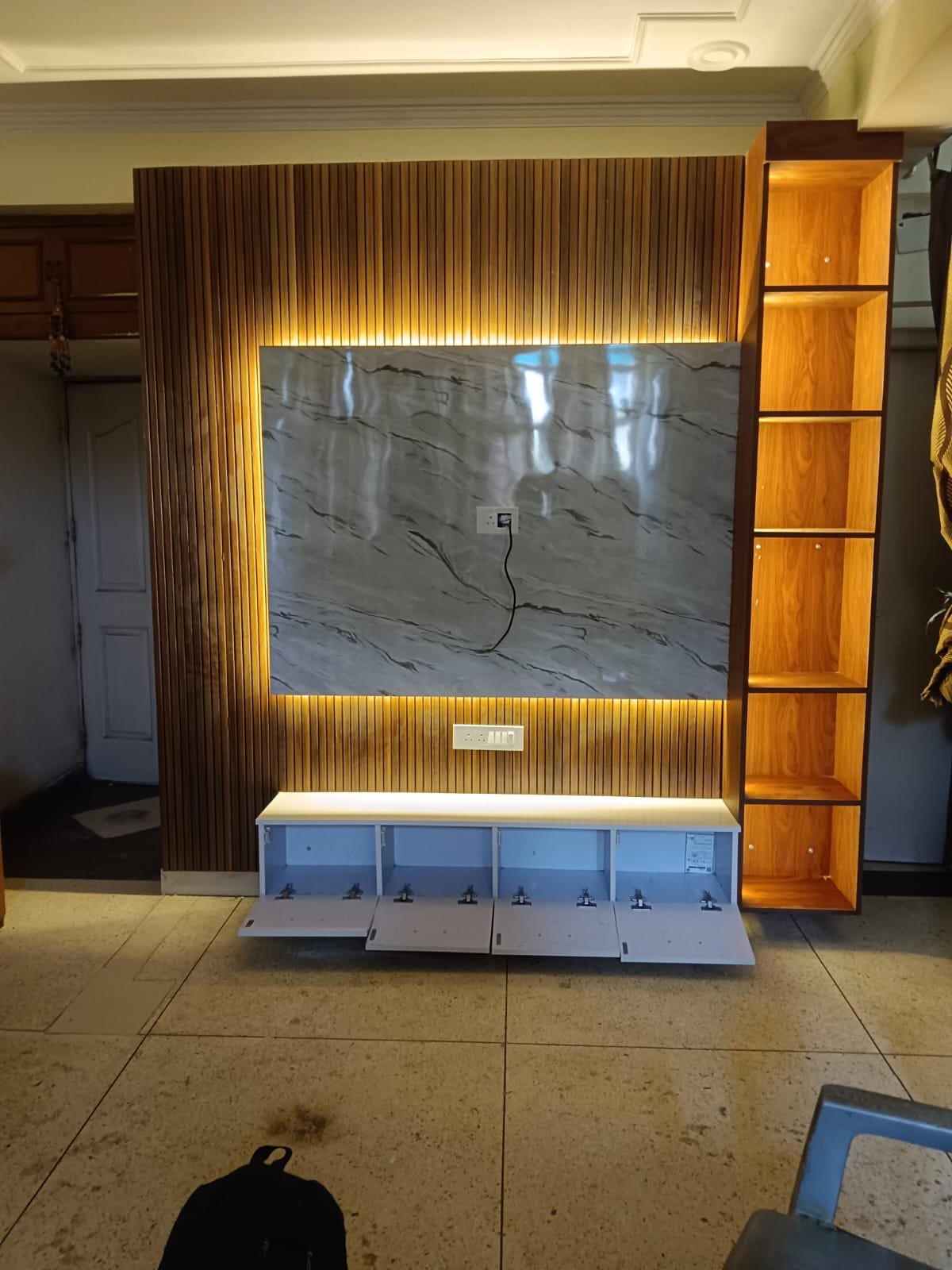 Teak Louver Marble Tv Unit Open
