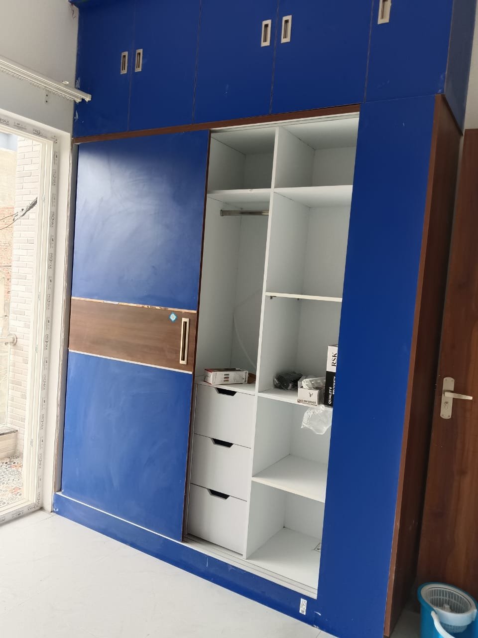 Blue Teak Sliding Wardrobe Open
